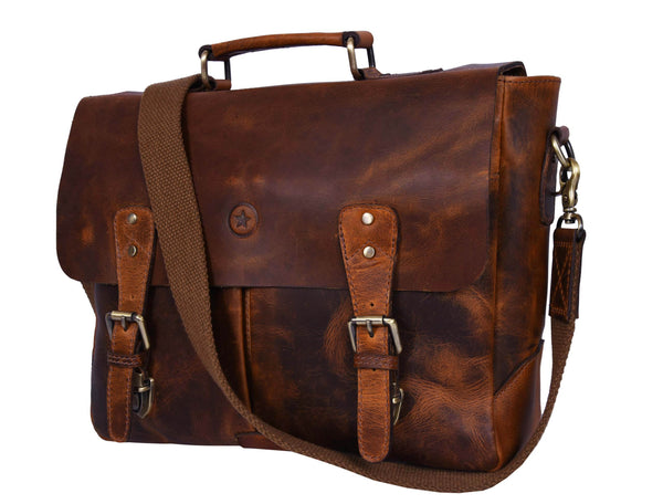 Vintage Leather Messenger Bag for Men – Rustic Full - Grain Leather Satchel Briefcase for Laptop, Work, and Travel - Aaron Leather Goods