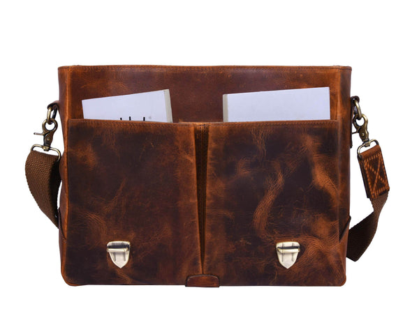 Vintage Leather Messenger Bag for Men – Rustic Full - Grain Leather Satchel Briefcase for Laptop, Work, and Travel - Aaron Leather Goods