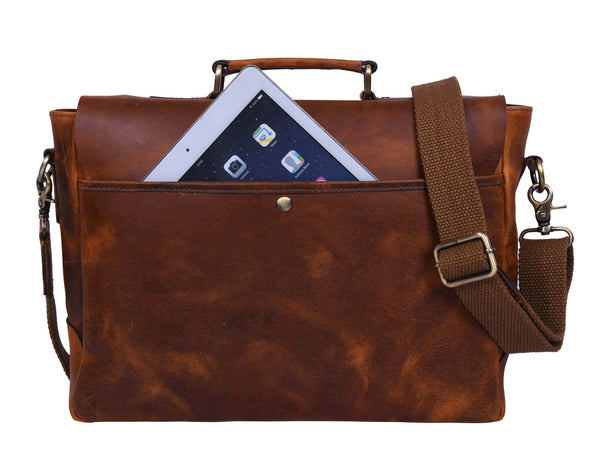 Vintage Full-Grain Leather Messenger Bag – Rustic Laptop Satchel for Work & Travel