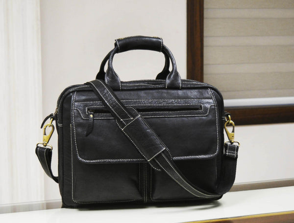 Aaron Leather Goods Black Leather Office Bag for Men | Full Grain Laptop Briefcase with Shoulder Strap – 16 Inch - Aaron Leather Goods