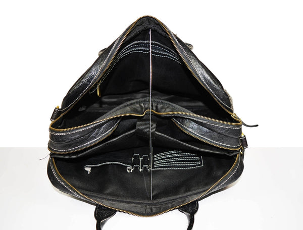 Aaron Leather Goods Black Leather Office Bag for Men | Full Grain Laptop Briefcase with Shoulder Strap – 16 Inch - Aaron Leather Goods