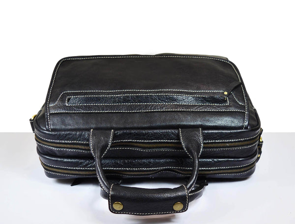 Aaron Leather Goods Black Leather Office Bag for Men | Full Grain Laptop Briefcase with Shoulder Strap – 16 Inch - Aaron Leather Goods