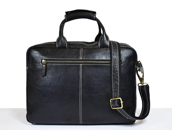 Aaron Leather Goods Black Leather Office Bag for Men | Full Grain Laptop Briefcase with Shoulder Strap – 16 Inch - Aaron Leather Goods