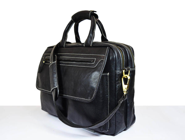 Aaron Leather Goods Black Leather Office Bag for Men | Full Grain Laptop Briefcase with Shoulder Strap – 16 Inch - Aaron Leather Goods