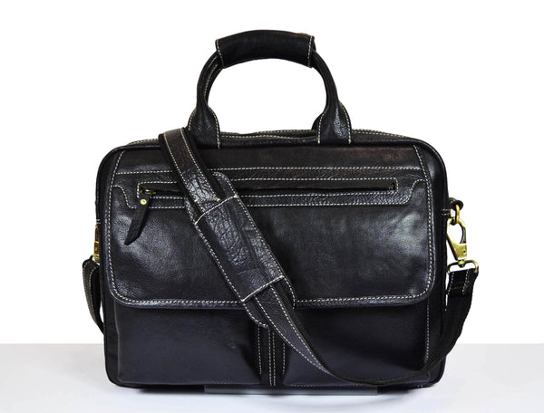 Aaron Leather Goods Black Leather Office Bag for Men | Full Grain Laptop Briefcase with Shoulder Strap – 16 Inch - Aaron Leather Goods