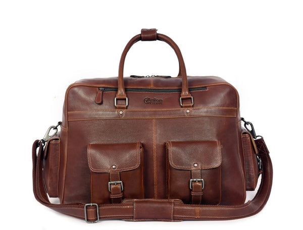 Vintage Brown Leather Travel Bag with Shoulder Strap - Aaron Leather Goods
