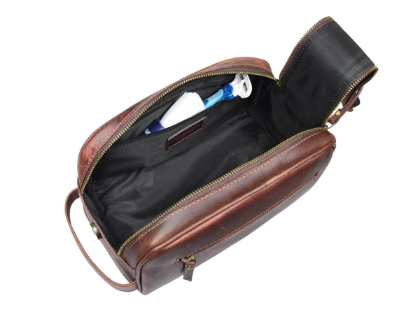 Omaha Leather Toiletry Bag - Walnut Brown - Aaron Leather Goods