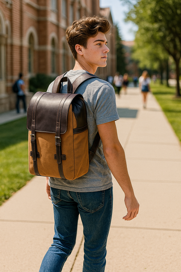 Tan Canvas and Brown Leather Backpack with Dual Buckle Straps – Vintage Travel Rucksack by Aaron Leather Goods