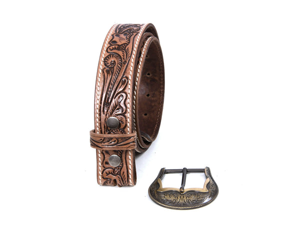 Zynkora Leather Tooled Belt - Brown - Aaron Leather Goods