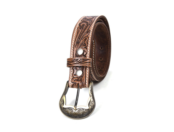 Zynkora Leather Tooled Belt -Brown - Aaron Leather Goods