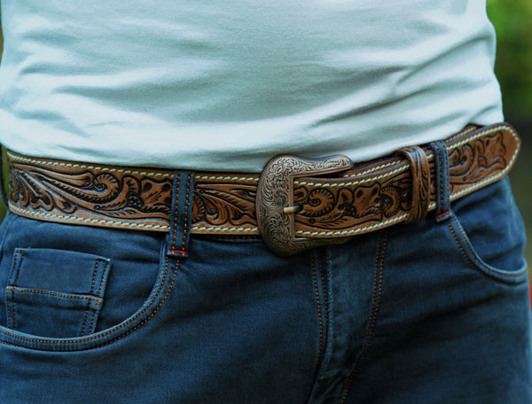Zynkora Leather Tooled Belt -Brown