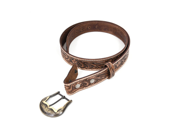 Zynkora Leather Tooled Belt -Brown - Aaron Leather Goods
