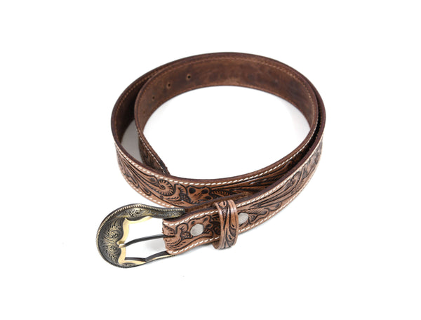 Zynkora Leather Tooled Belt -Brown - Aaron Leather Goods