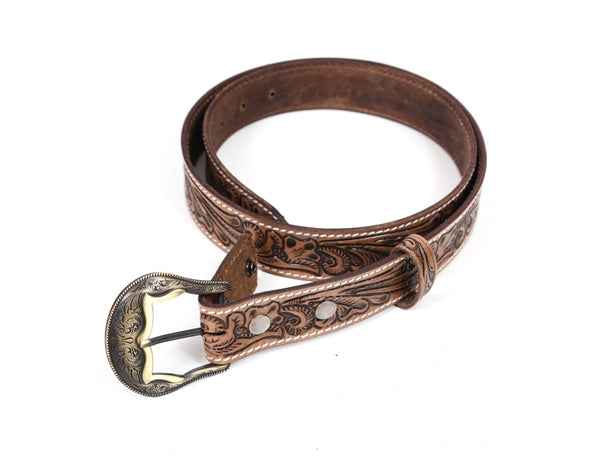 Zynkora Leather Tooled Belt - Brown - Aaron Leather Goods