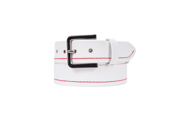 Premium Black Leather Belt with Red Stitching & Silver Buckle