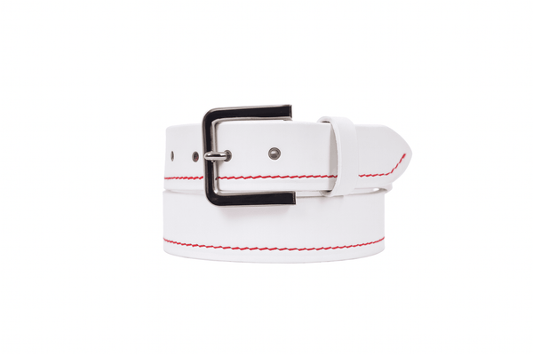 Premium Black Leather Belt with Red Stitching & Silver Buckle - Aaron Leather Goods