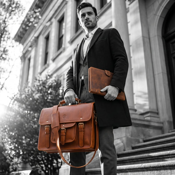 Aaron Leather Goods leather Briefcase & Organizer Combo - Brown - Aaron Leather Goods Inc