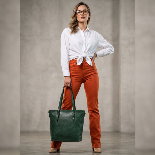 Abron Leather Tote Bag For Women - Green - Aaron Leather Goods Inc