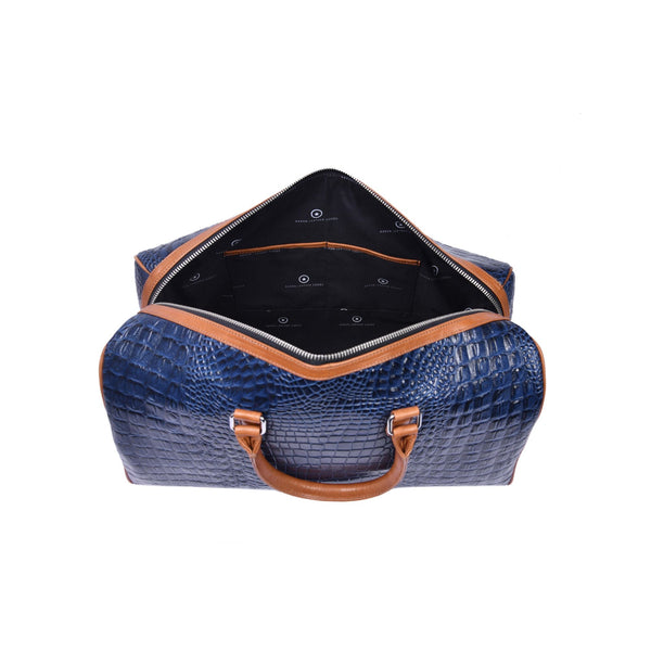 Blue Croc Pattern Leather Duffle Bag with Shoulder Strap - Aaron Leather Goods