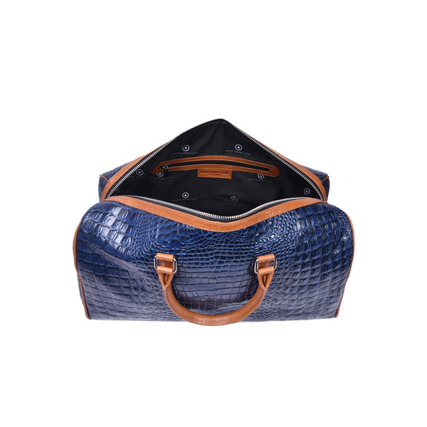Blue Croc Pattern Leather Duffle Bag with Shoulder Strap - Aaron Leather Goods