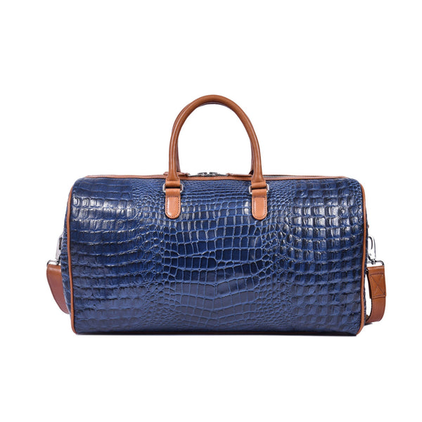 Blue Croc Pattern Leather Duffle Bag with Shoulder Strap - Aaron Leather Goods