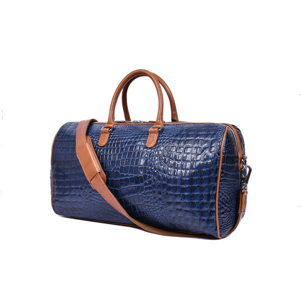 Blue Croc Pattern Leather Duffle Bag with Shoulder Strap - Aaron Leather Goods