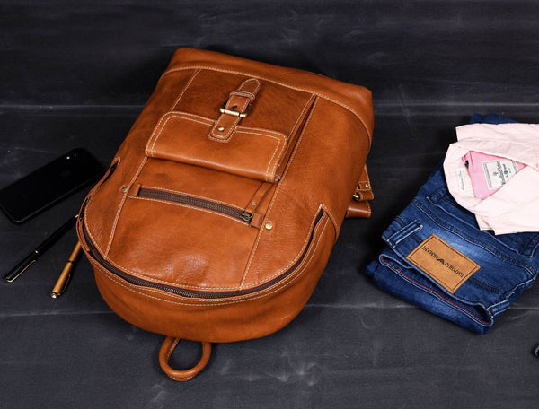 Sagunto Leather Backpack - Caramel Brown - Aaron Leather Goods