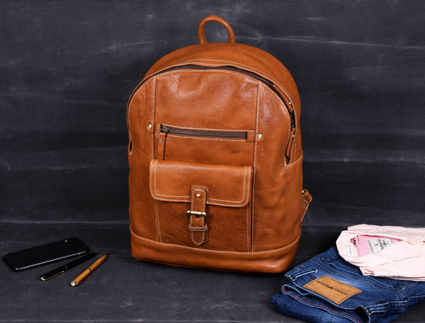 Sagunto Leather Backpack - Caramel Brown - Aaron Leather Goods