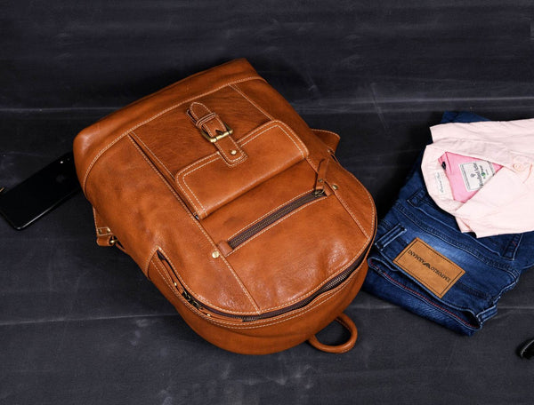 Sagunto Leather Backpack - Caramel Brown - Aaron Leather Goods