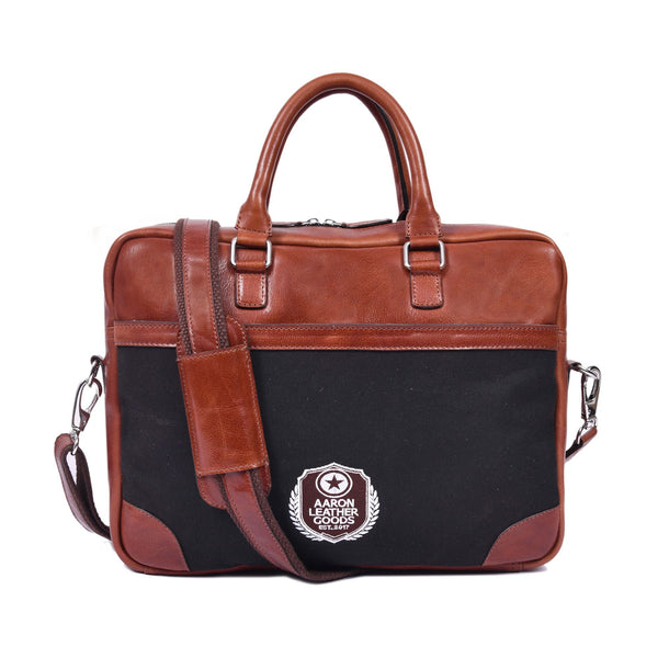 Brown Leather & Black Canvas Laptop Briefcase with Shoulder Strap - Aaron Leather Goods