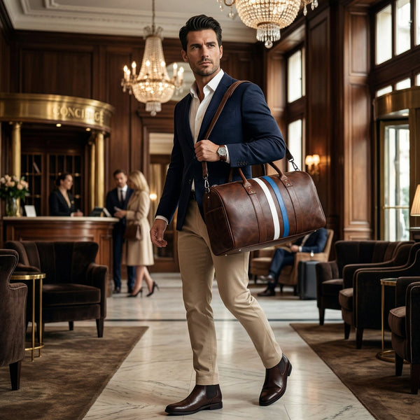 Brown Leather Duffle Bag with Stripe Detail - Aaron Leather Goods Inc