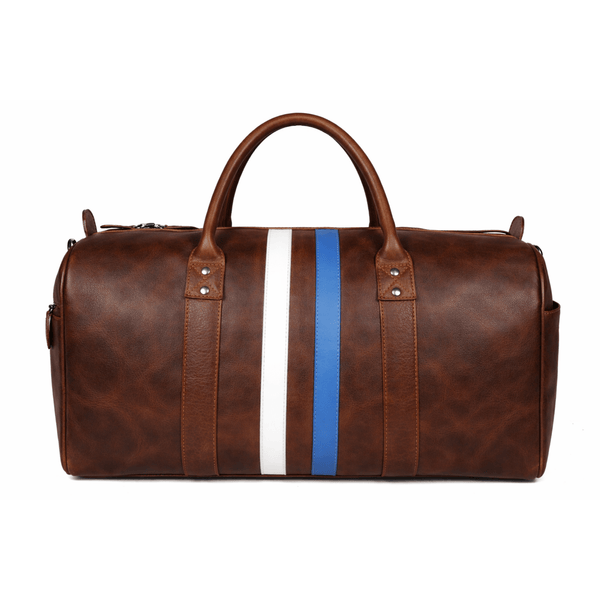 Brown Leather Duffle Bag with Stripe Detail - Aaron Leather Goods Inc