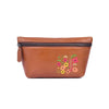 Embroidered Brown Leather Cosmetic Pouch with Zip Closure - Aaron Leather Goods