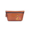 Embroidered Brown Leather Cosmetic Pouch with Zip Closure - Aaron Leather Goods