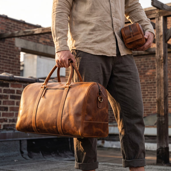 Granada Leather Travel Bag - Caramel Brown - Aaron Leather Goods Inc