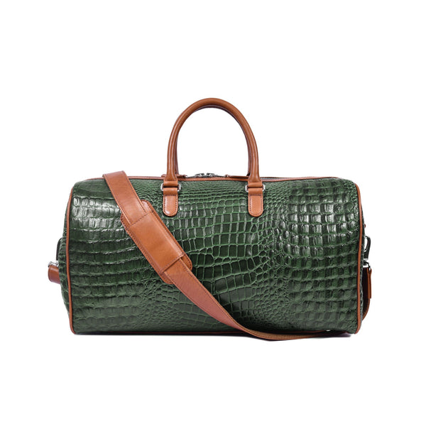 Green Croc - Embossed Leather Duffle Bag with Tan Handles & Strap - Aaron Leather Goods