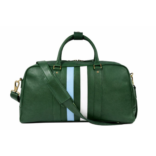 Green Leather Duffle Bag with Sky Blue & White Stripe Detail - Aaron Leather Goods