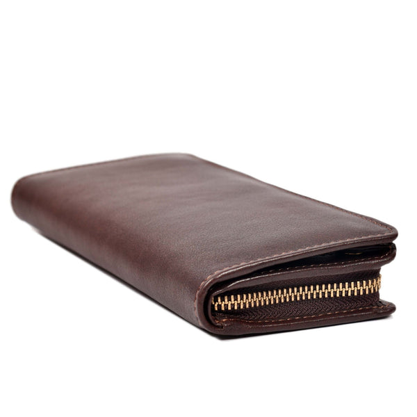 Handcrafted Full Grain Leather Women's Long Wallet with Zipper Coin Pocket, RFID Card Organizer & Snap Closure – Dark Brown - Aaron Leather Goods Inc