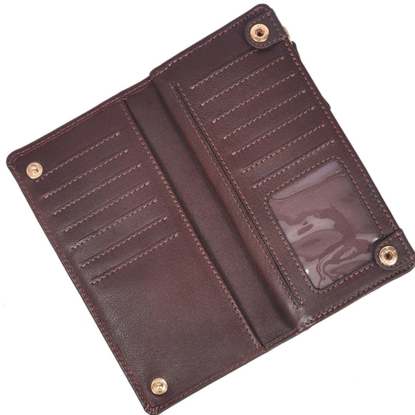 Handcrafted Full Grain Leather Women's Long Wallet with Zipper Coin Pocket, RFID Card Organizer & Snap Closure – Dark Brown - Aaron Leather Goods Inc