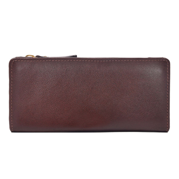 Handcrafted Full Grain Leather Women's Long Wallet with Zipper Coin Pocket, RFID Card Organizer & Snap Closure – Dark Brown - Aaron Leather Goods Inc