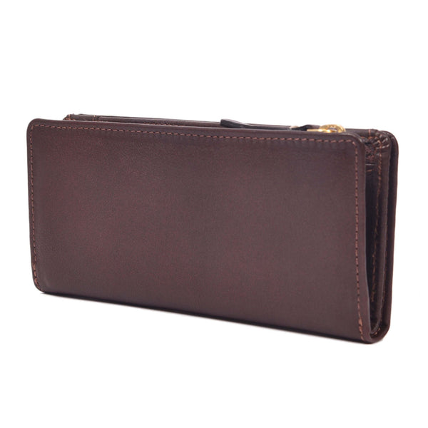 Handcrafted Full Grain Leather Women's Long Wallet with Zipper Coin Pocket, RFID Card Organizer & Snap Closure – Dark Brown - Aaron Leather Goods Inc