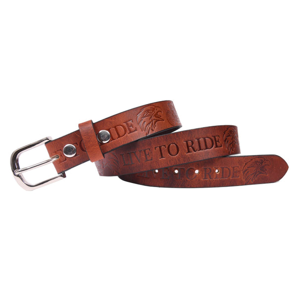 Handcrafted Genuine Leather "Live to Ride" Belt for Men – Vintage Brown Motorcycle Leather Belt with Eagle Embossing & Gift Box - Aaron Leather Goods Inc
