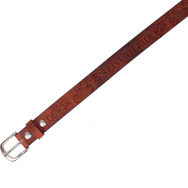 Handcrafted Genuine Leather "Live to Ride" Belt for Men – Vintage Brown Motorcycle Leather Belt with Eagle Embossing & Gift Box - Aaron Leather Goods Inc