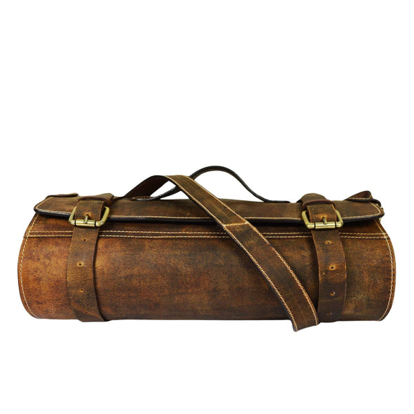 Handcrafted Leather Chef Knife Roll Bag | Vintage Buffalo Leather | Brass Hardware - Aaron Leather Goods Inc