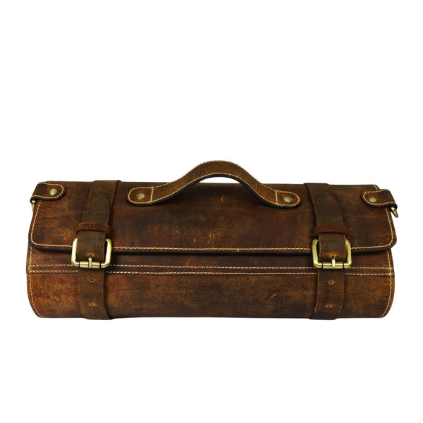 Handcrafted Leather Chef Knife Roll Bag | Vintage Buffalo Leather | Brass Hardware - Aaron Leather Goods Inc