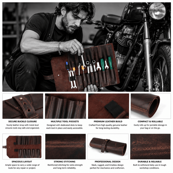 Handmade Leather Tool Roll Organizer – Rustic Full Grain Leather Storage Case - Aaron Leather Goods Inc