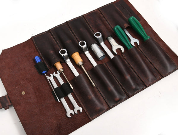 Handmade Leather Tool Roll Organizer – Rustic Full Grain Leather Storage Case - Aaron Leather Goods Inc