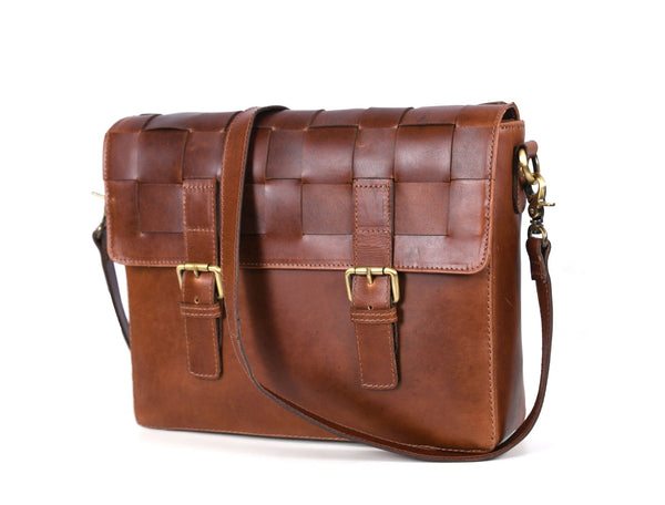 Handwoven Leather Messenger Bag with Adjustable Strap - Aaron Leather Goods Inc