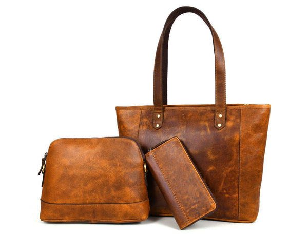 Mieres Travel Tote Bag Combo – Caramel Brown - Aaron Leather Goods