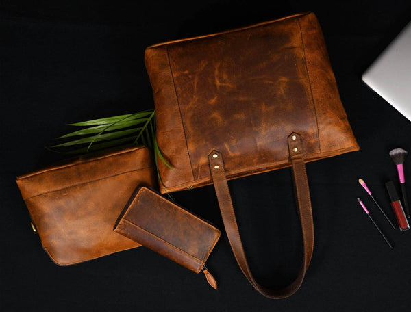 Mieres Travel Tote Bag Combo – Caramel Brown - Aaron Leather Goods